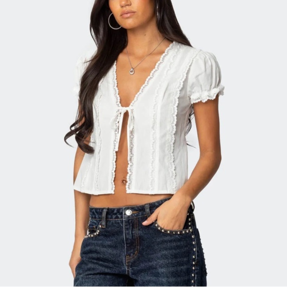 Edikted White Lace Trim Crop Top